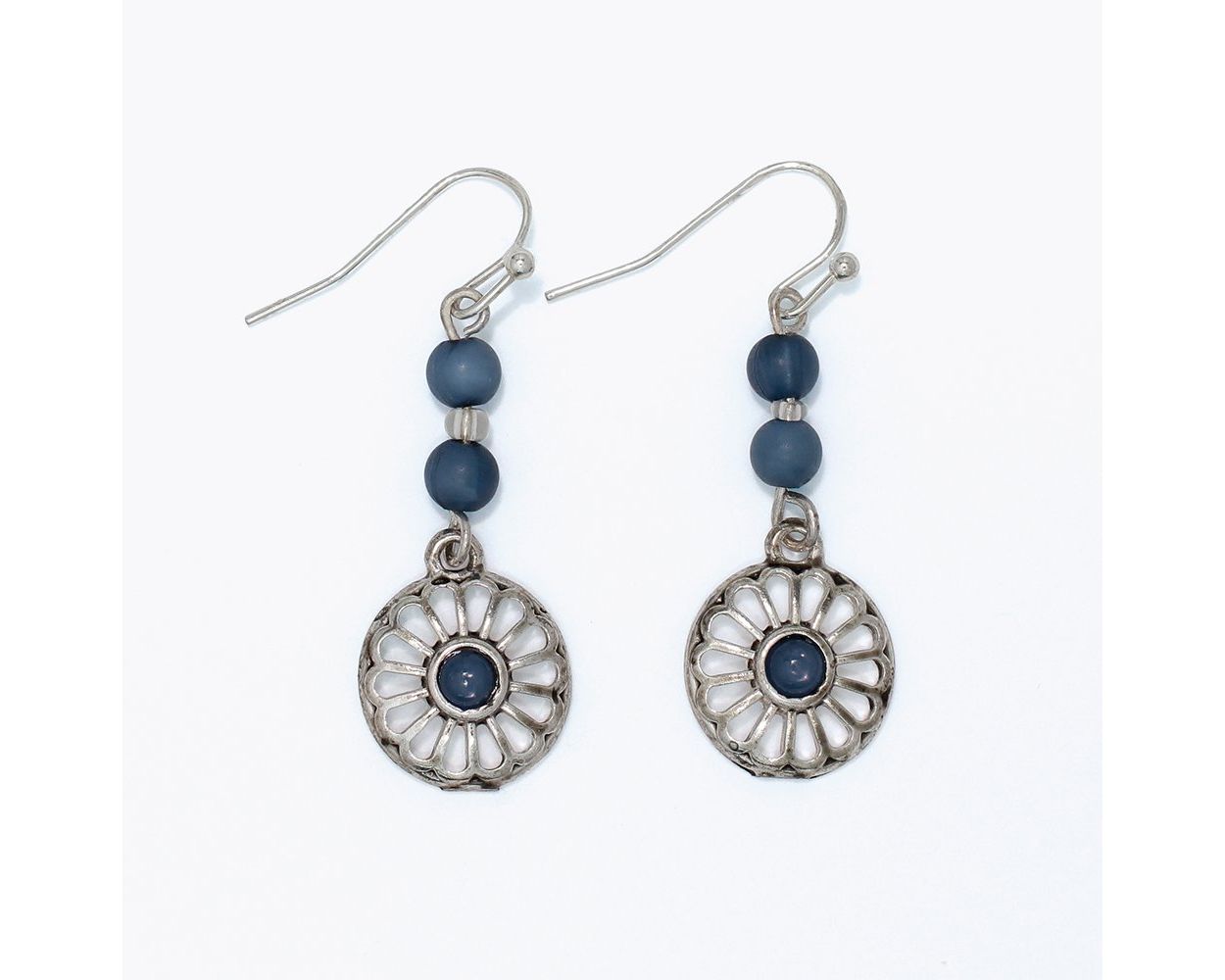 Antiqued silver open filigree daisy medallion drop earrings with matte denim blue beads and cabochon center by Periwinkle — boho-chic artisan-inspired dangle earrings