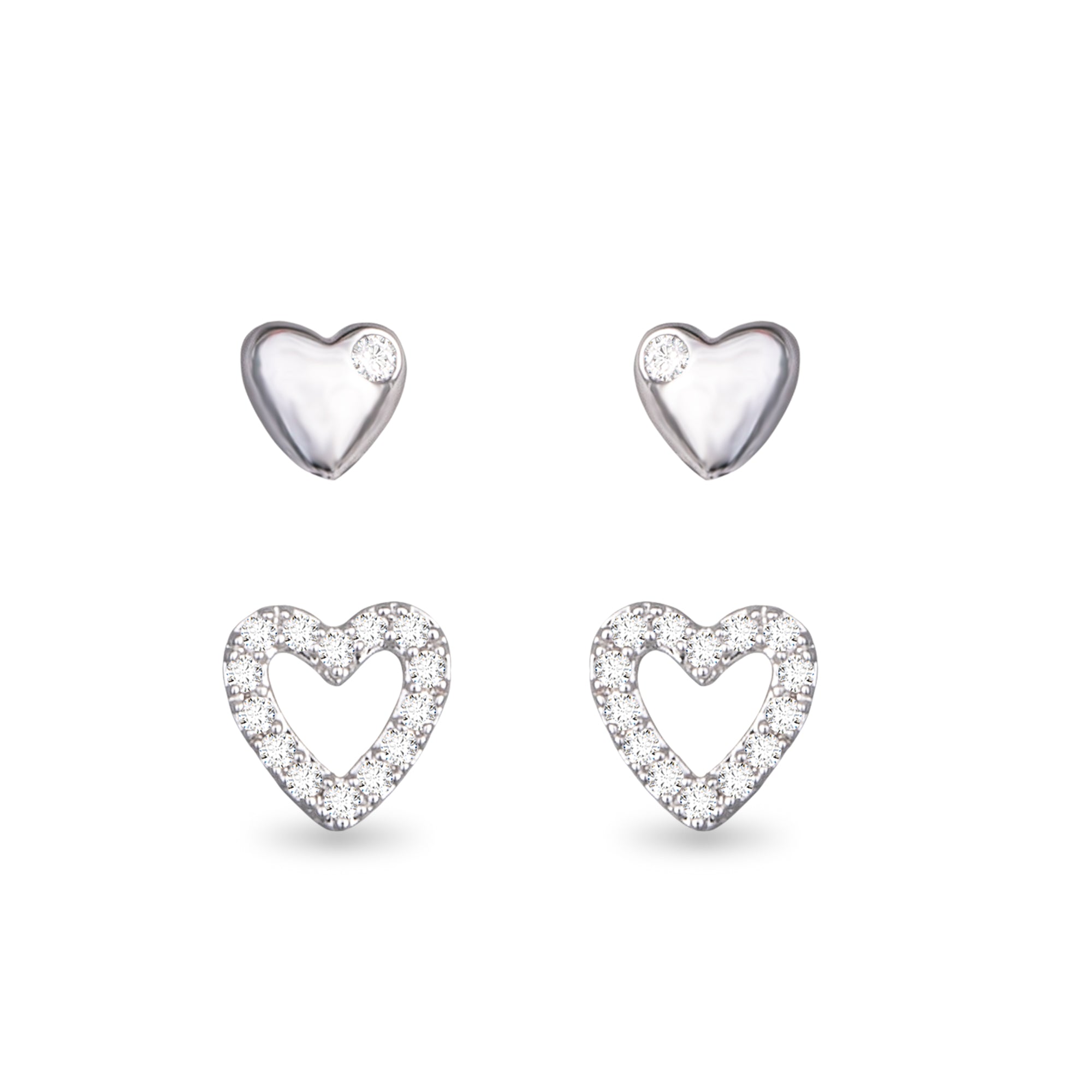 silver mini heart and cubic zirconia open heart stud earrings set