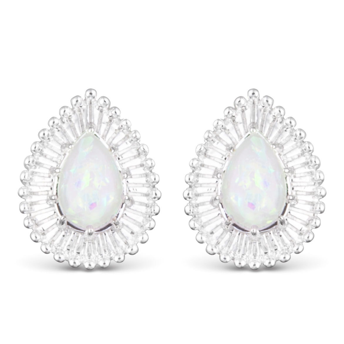 silver teardrop opal stud earrings with cubic zirconia halo