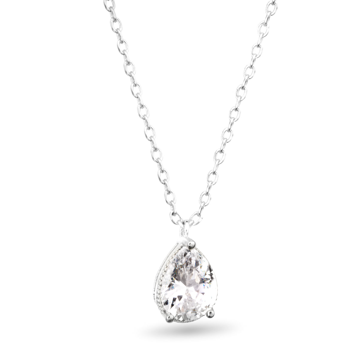 silver pear shaped cubic zirconia solitaire necklace pendant