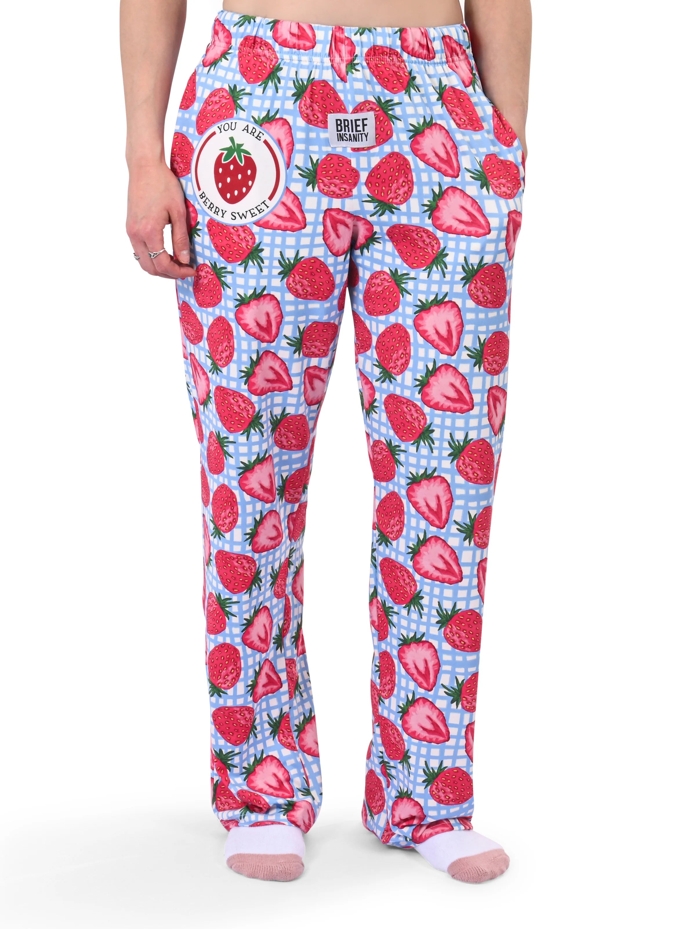 Strawberry lounge pants by Brief Insanity with gingham strawberry print