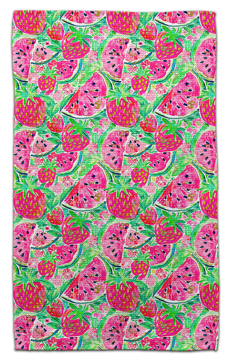 Eco-friendly waffle weave kitchen towel featuring vibrant watercolor strawberries and watermelon slices with lush green leaves.
