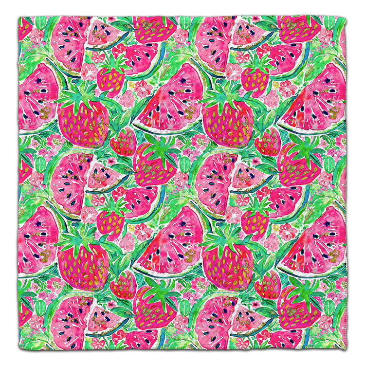 Eco-friendly waffle weave washcloth featuring colorful watercolor strawberries, watermelon slices, and green leaves on a bright summer-inspired design.