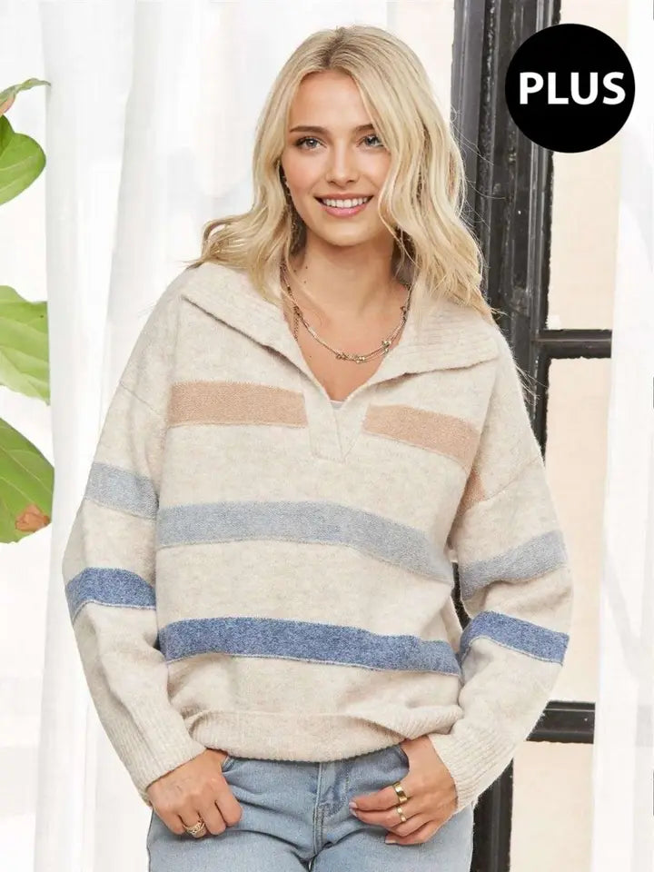 Plus Striped Pullover Collared Sweater