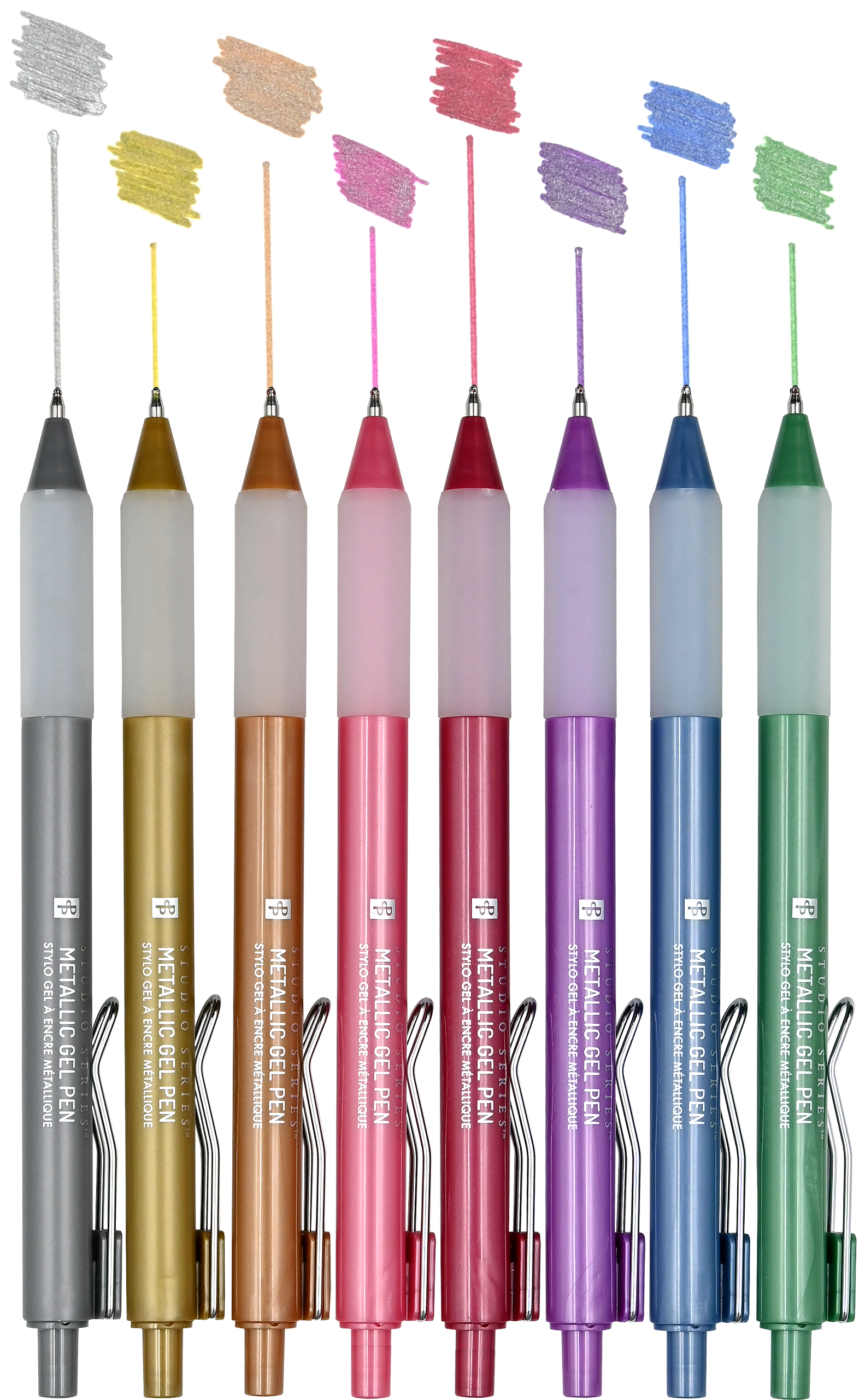 Set of metallic gel pens with color swatches on a white background