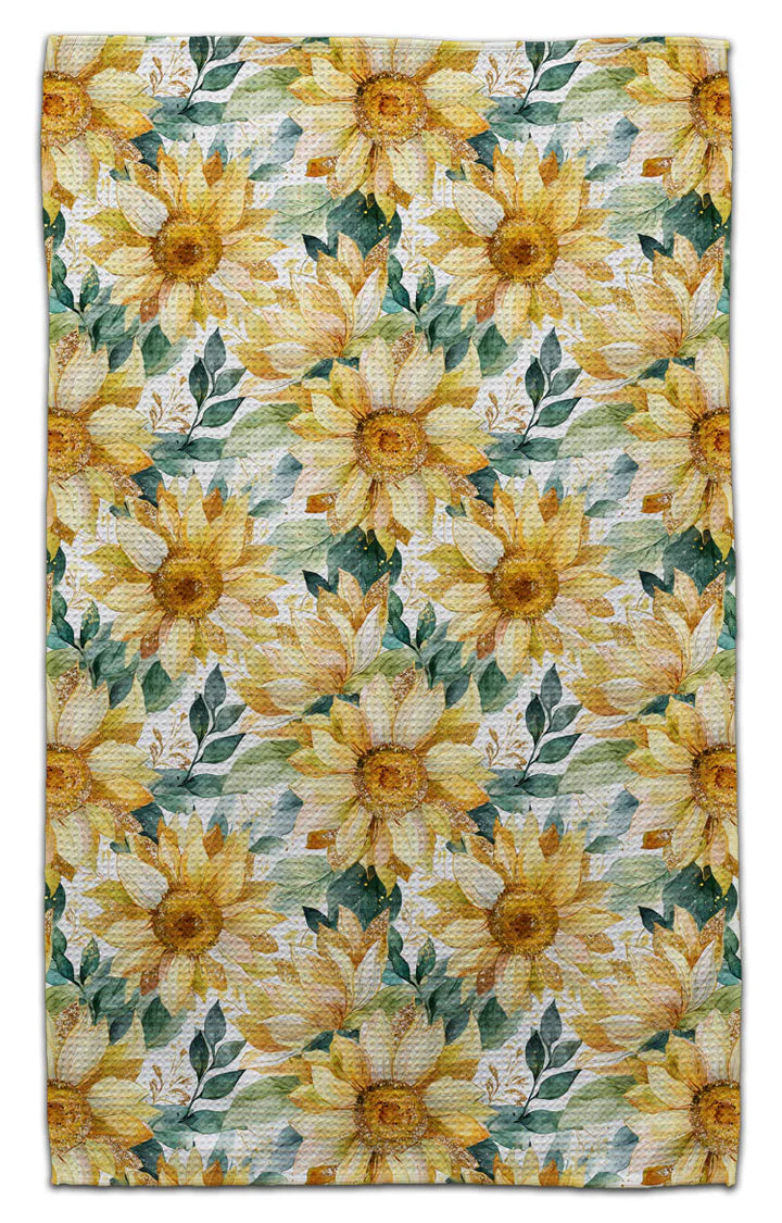 Sunflowers with Leaves eco-friendly waffle weave kitchen towel featuring watercolor sunflower floral pattern