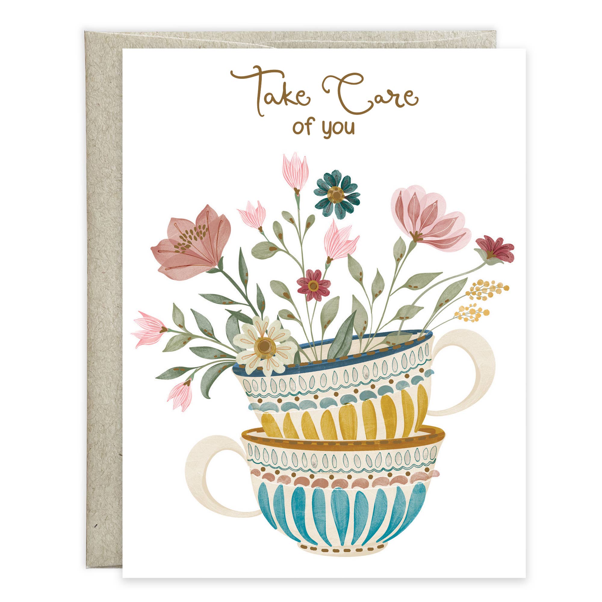 Tea Cup Stack Get Well Greeting Card by Gina B Designs — a gold foil embellished A2 get well card with original tea cup stack artwork, includes envelope, made in the USA