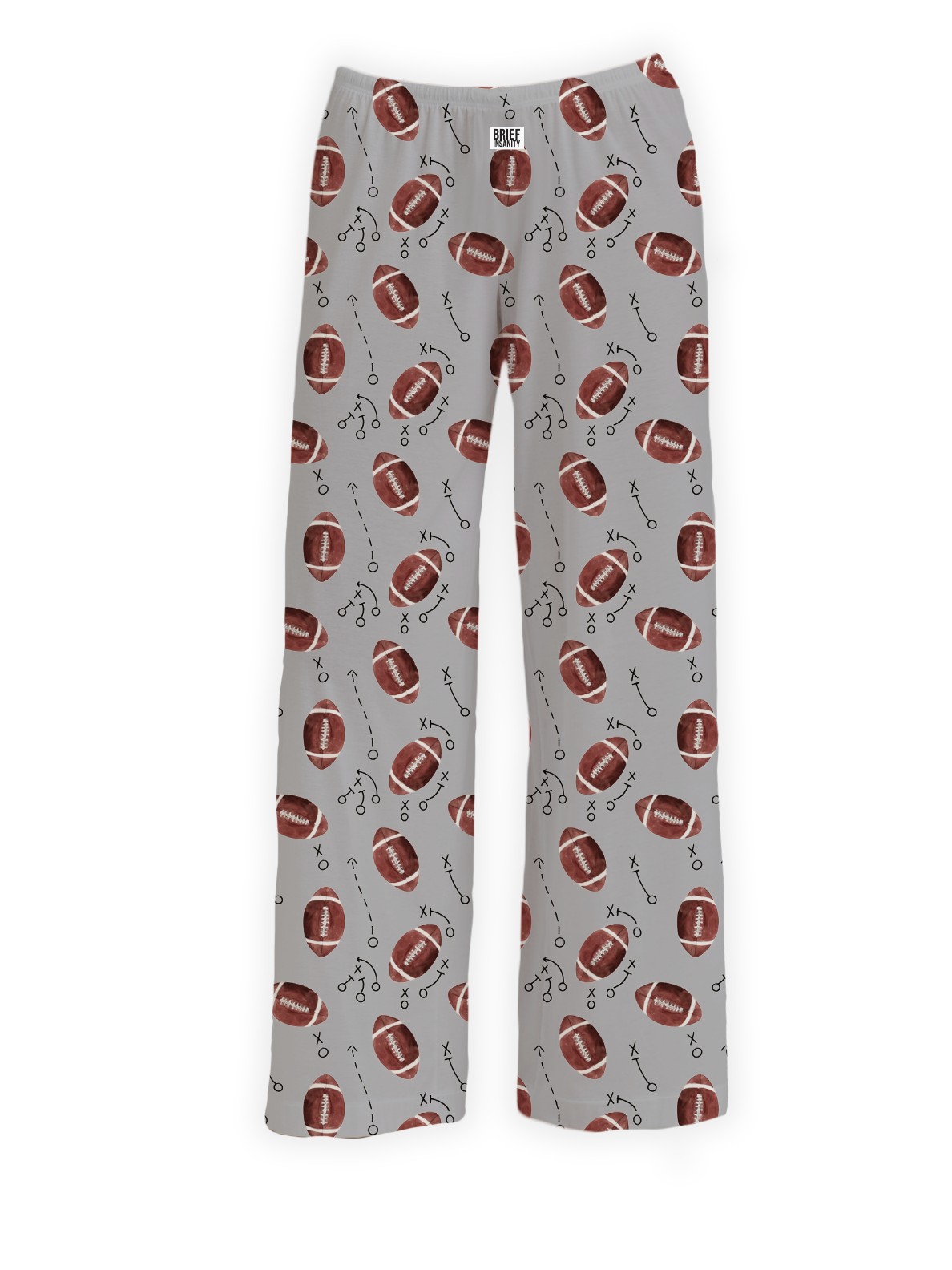 Touchdown Lounge Pants by BRIEF INSANITY — football and playbook diagram print lounge pants with X's, O's, and route lines on a neutral background, available in Small through 2XL