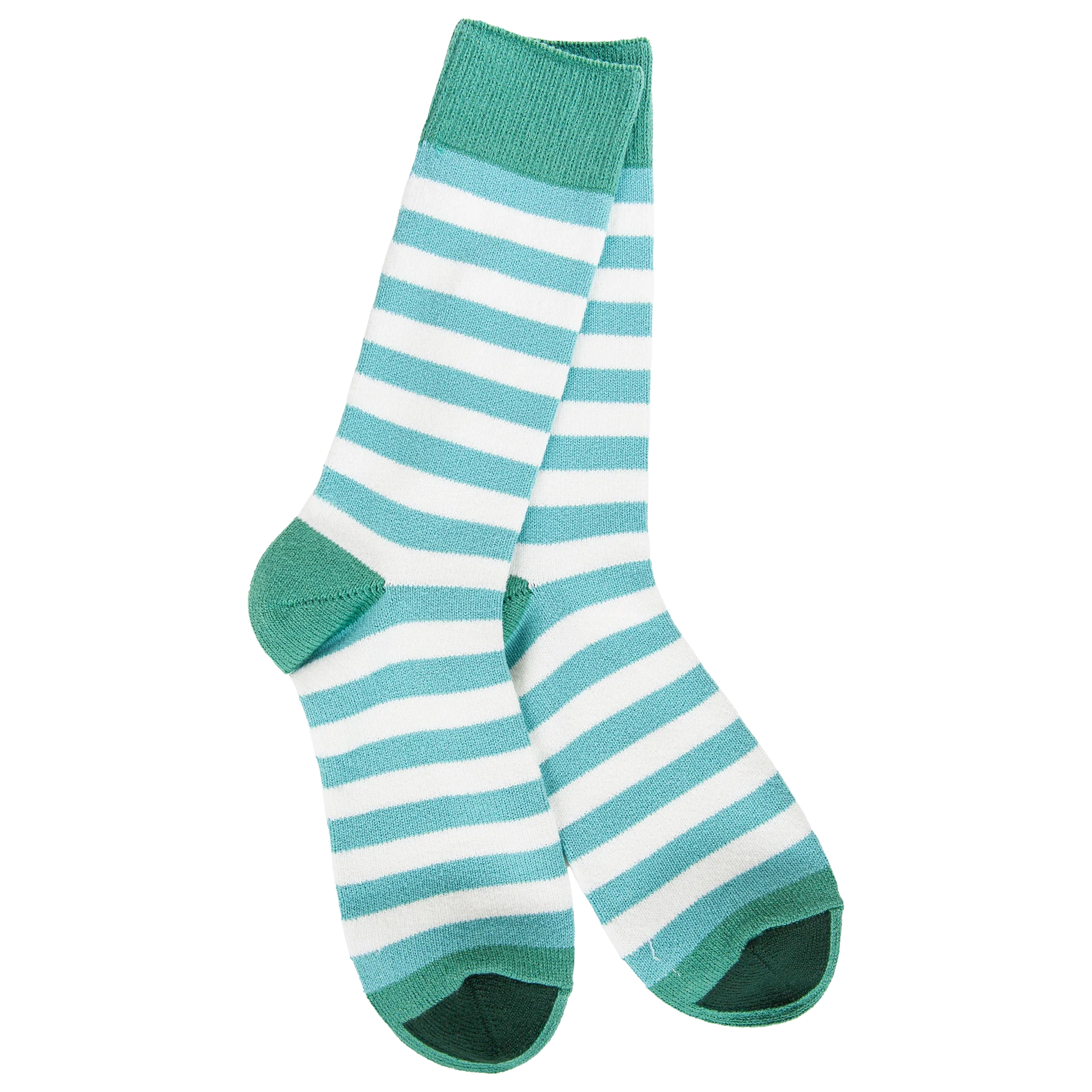 Women's Frosty Spruce striped crew socks featuring aqua and white stripes with green cuff, heel, and toe accents.