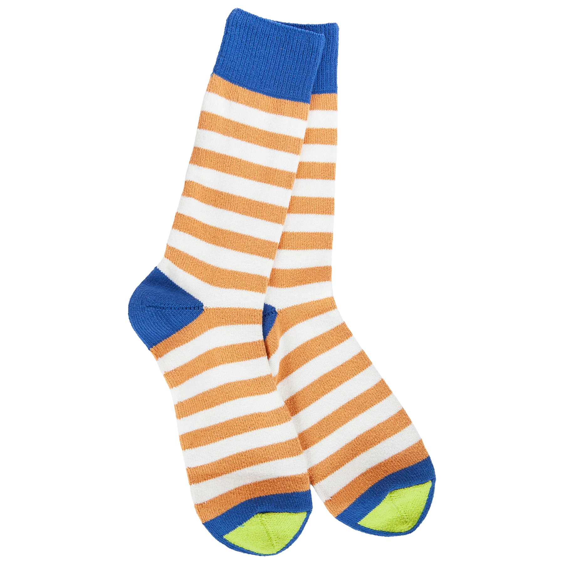 Women's Mountain Bluebird striped crew socks featuring blue, orange, and white stripes with coordinating cuff, heel, and toe accents.