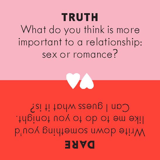 Sample card of After Dinner Amusements Truth or Dare for Couples card game in red travel tin with 100 conversation prompts and challenges