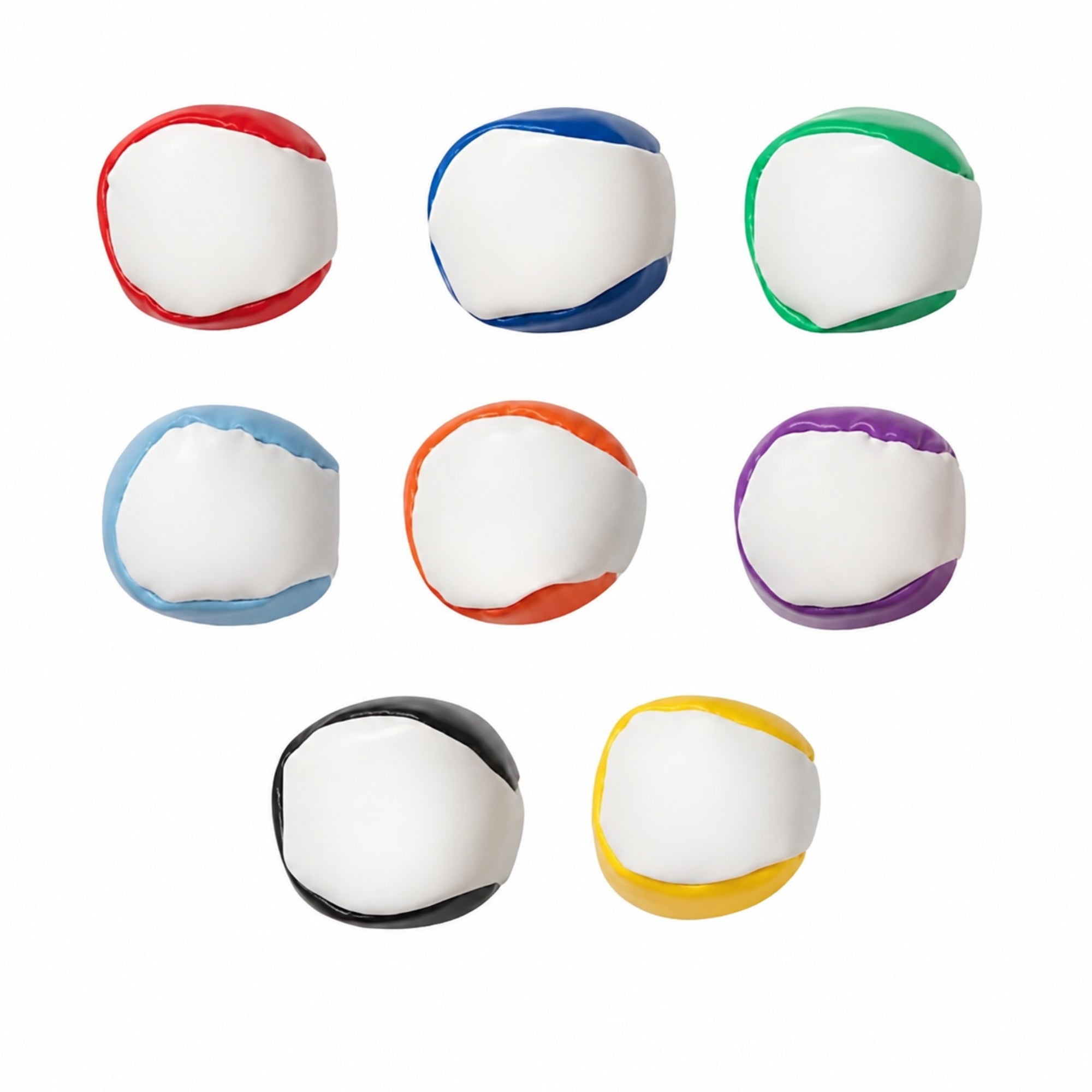 Colorful two-tone kick bag hacky sack footbags with white centers and assorted bright accent colors