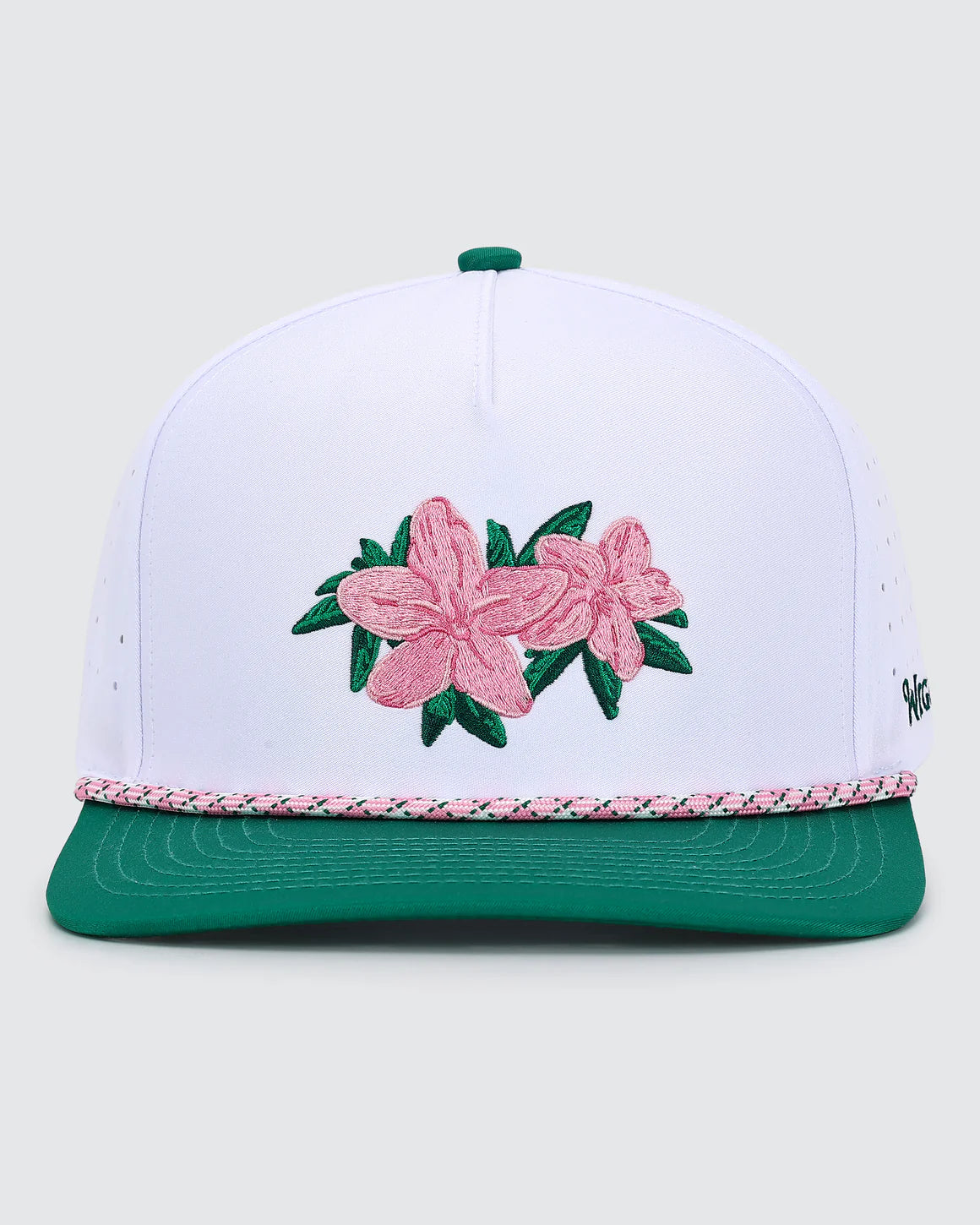 Waggle Azaleas golf snapback hat with pink embroidered flowers and green brim
