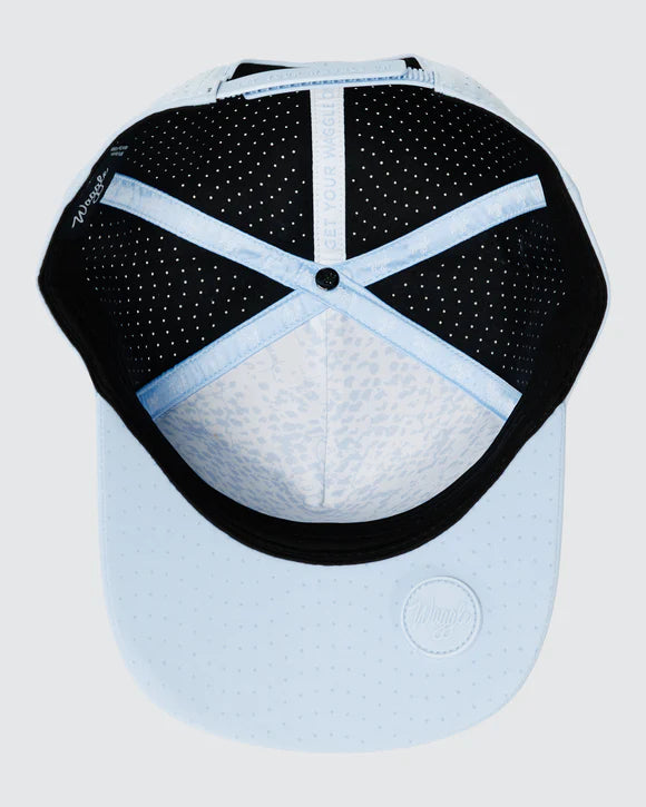 inside view of light blue Waggle water resistant golf hat with perforated panels