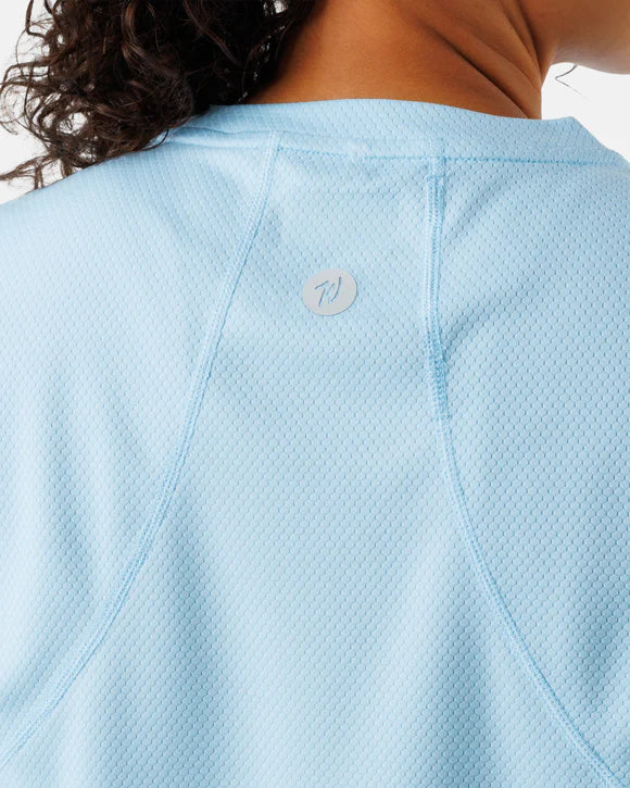Women’s blue short sleeve performance athletic shirt by Waggle with lightweight breathable fit