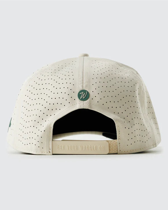 back view tan Waggle repel hat with wolf forest graphic and perforated panels