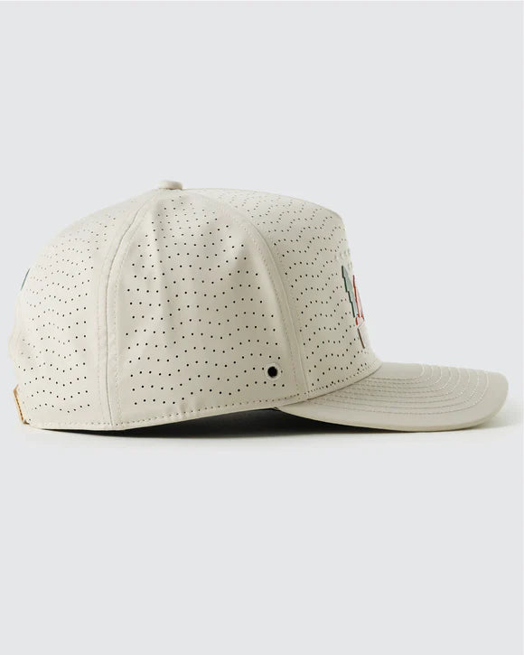 tan Waggle repel hat with wolf forest graphic and perforated panels