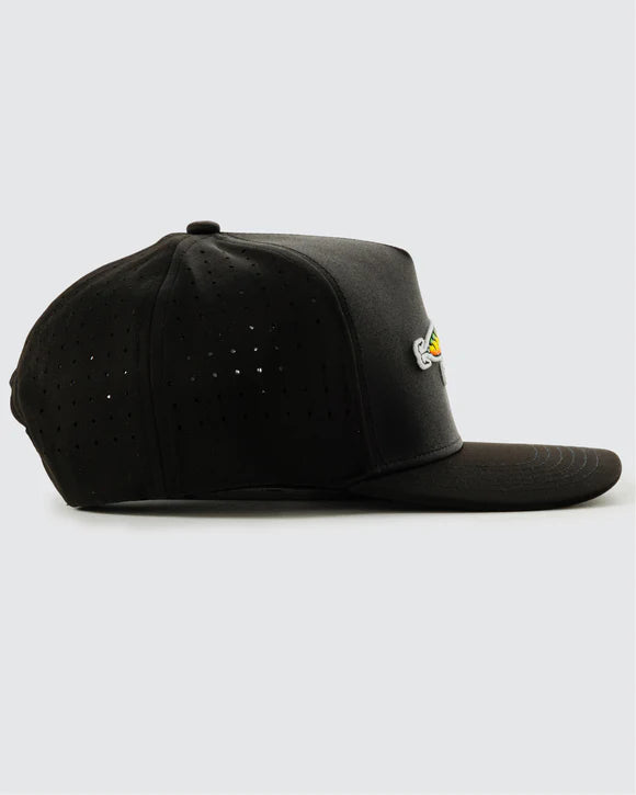 Black Waggle youth fishing snapback hat with colorful embroidered fishing lure design side view