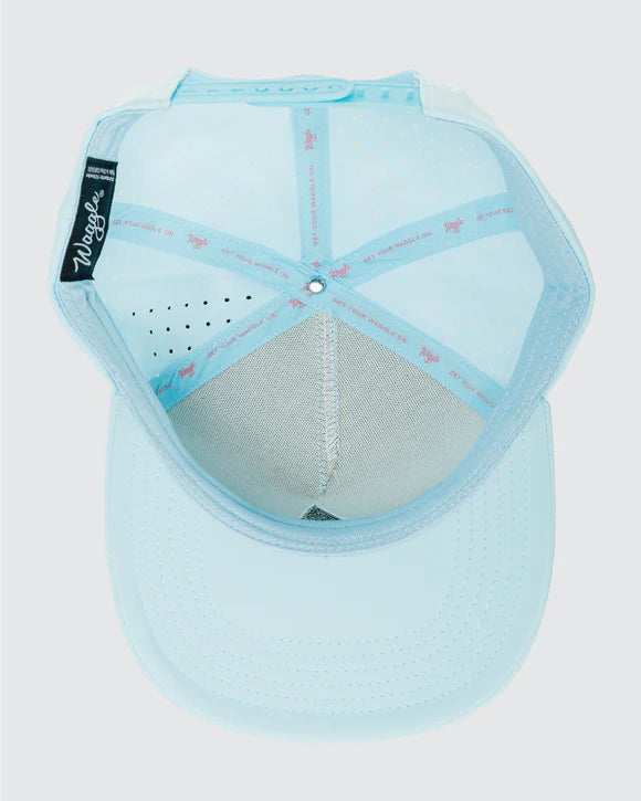 Light blue cap with a brand logo on the back against a white background