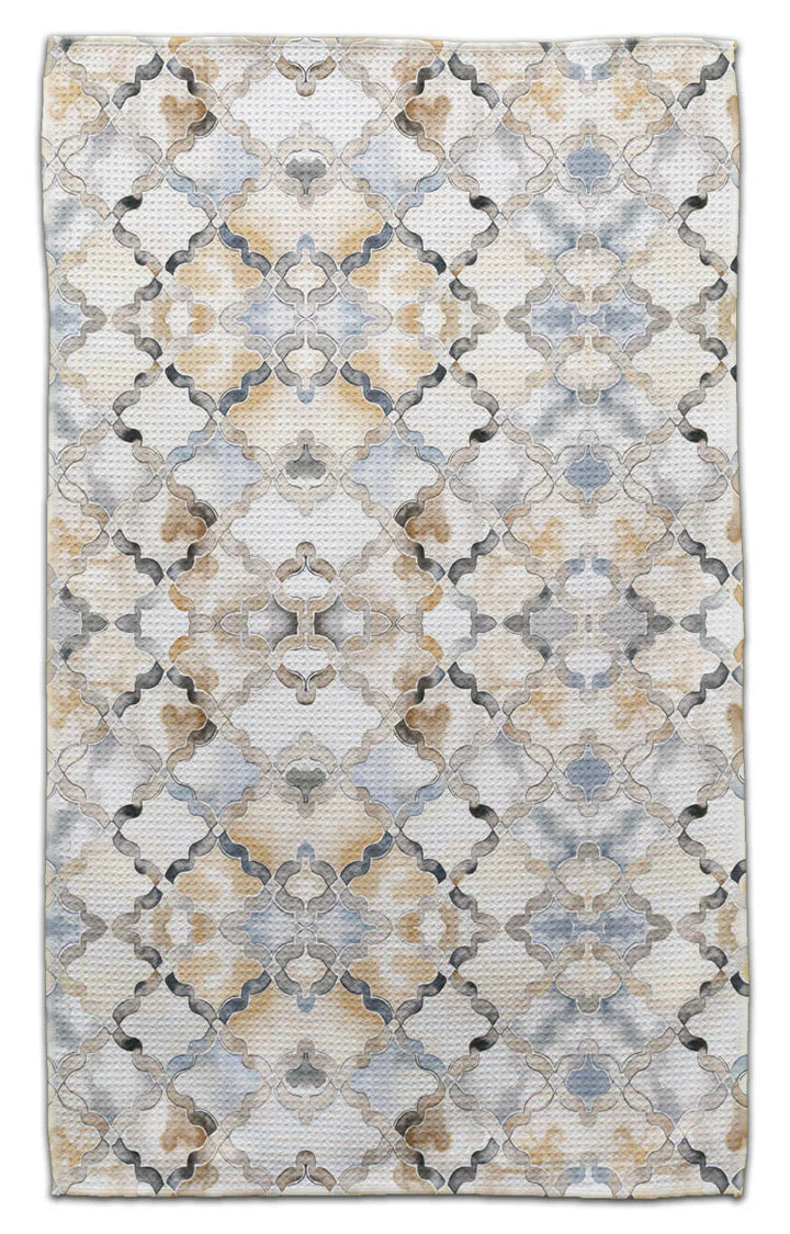 Wavy lattice eco-friendly kitchen towel featuring neutral tile-inspired geometric pattern in beige gray and blue tones