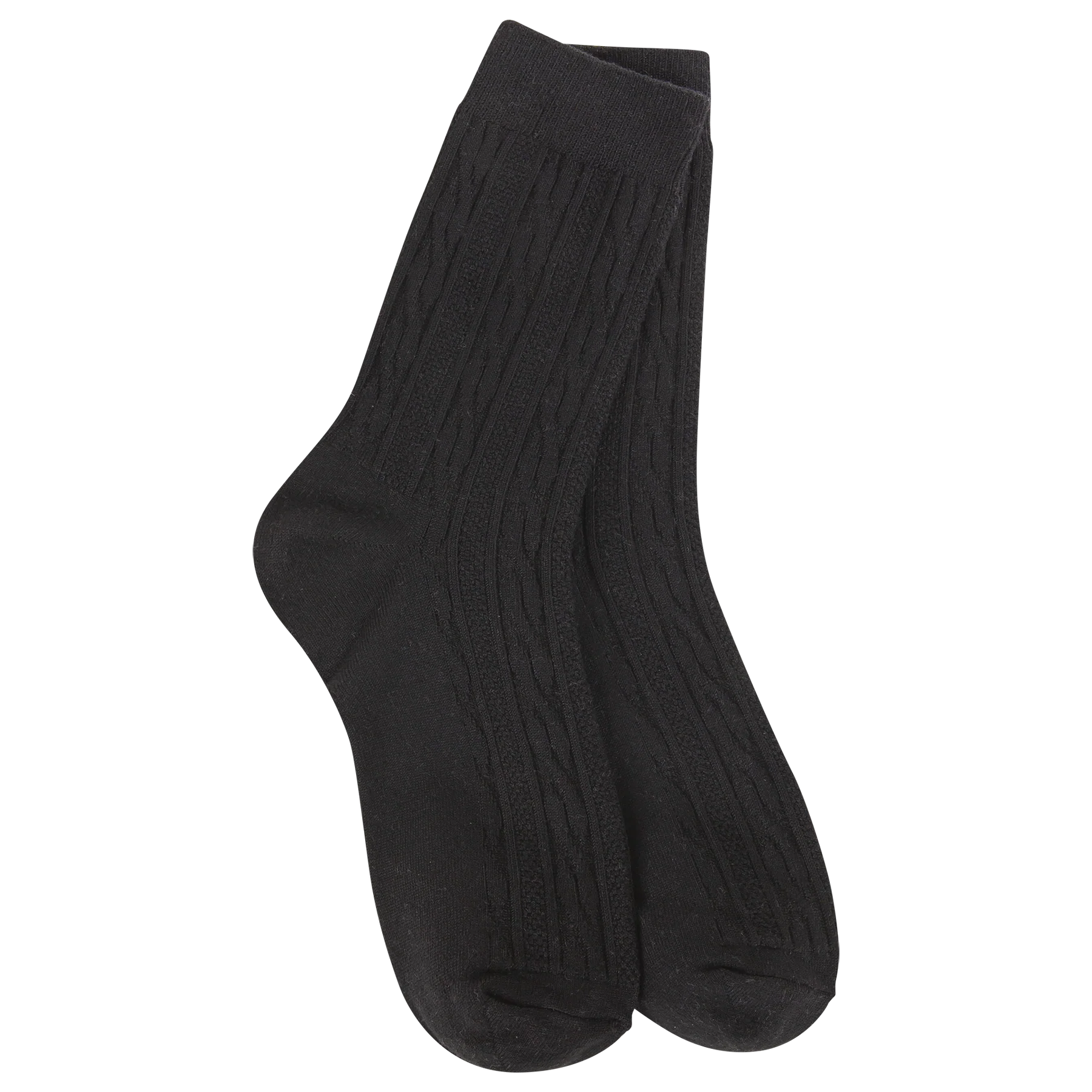 Women's black cable knit mini crew socks featuring an ultra-soft lightweight design for everyday comfort and casual style.