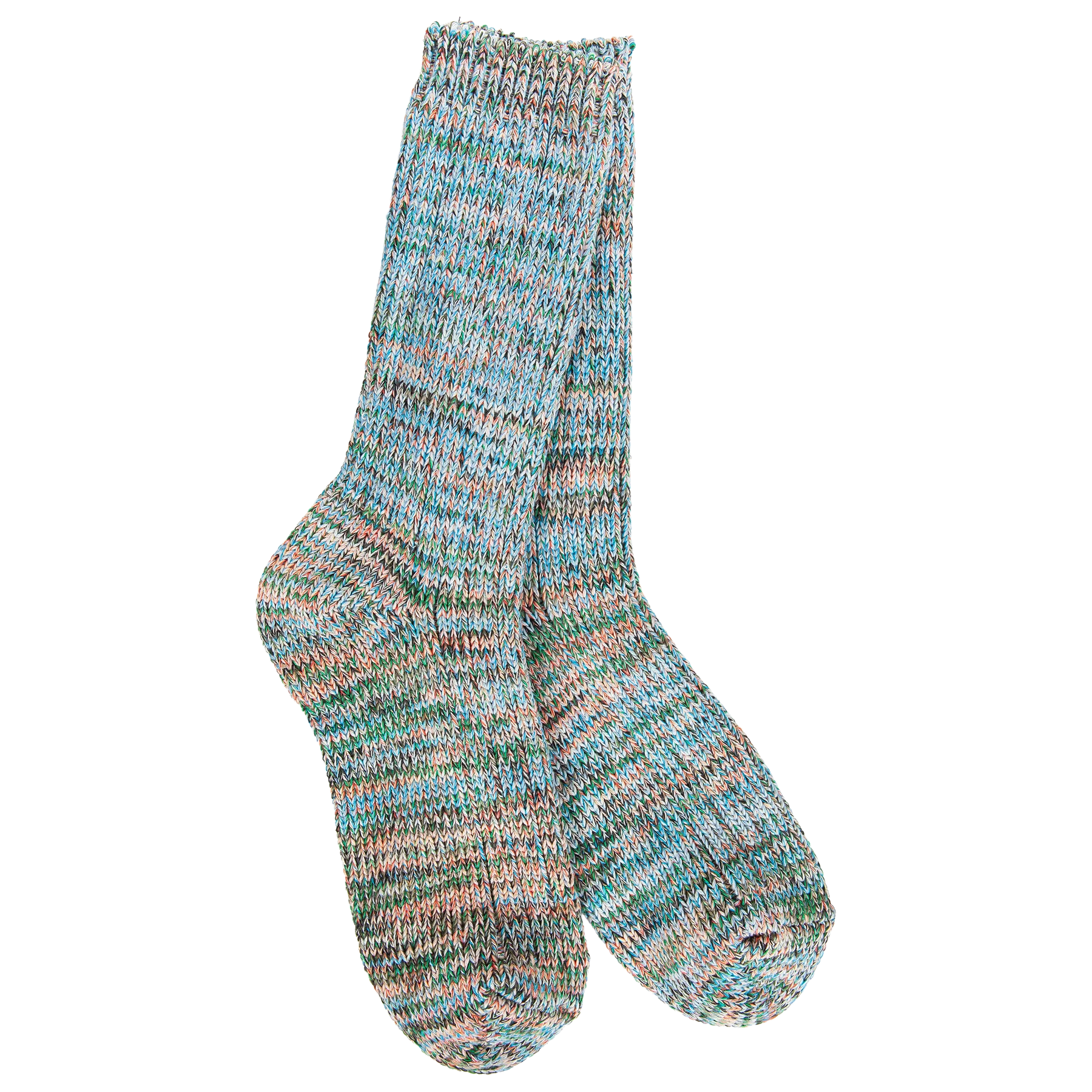 Women's Weekend Missoni crew socks in the Coastal colorway featuring a marled knit blend of aqua, blue, beige, coral, and green tones.