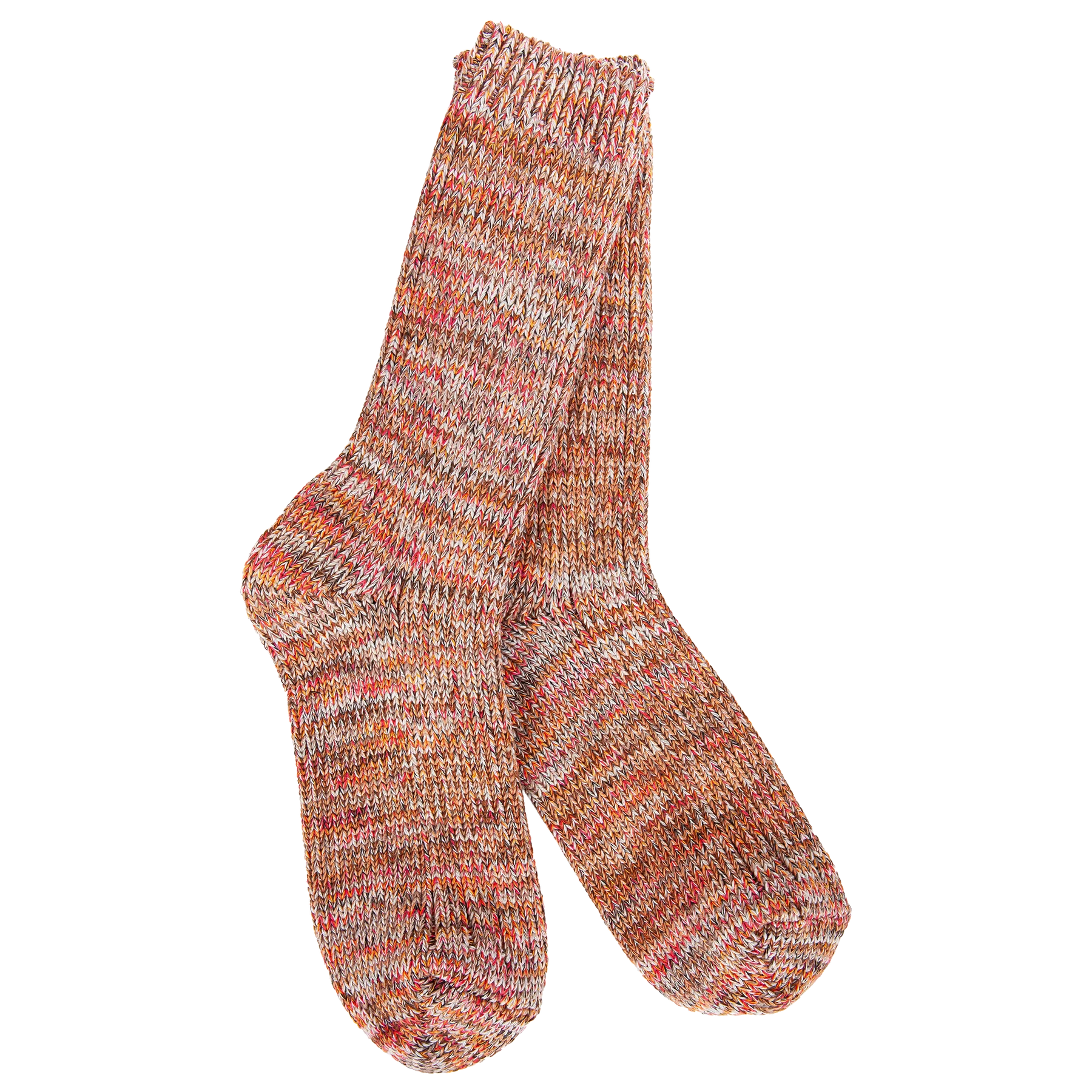 Women's Weekend Missoni crew socks in the Spice colorway featuring a warm marled knit blend of cinnamon, rust, camel, cream, and coral tones.