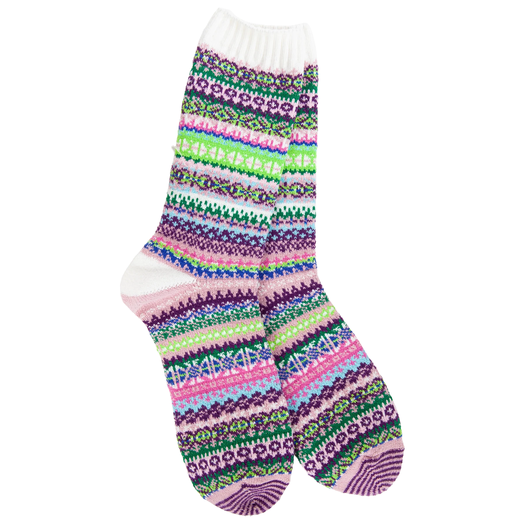 Women's Weekend Nordic crew socks in the Botanical colorway featuring a colorful Fair Isle-inspired pattern in purple, green, pink, aqua, and white.