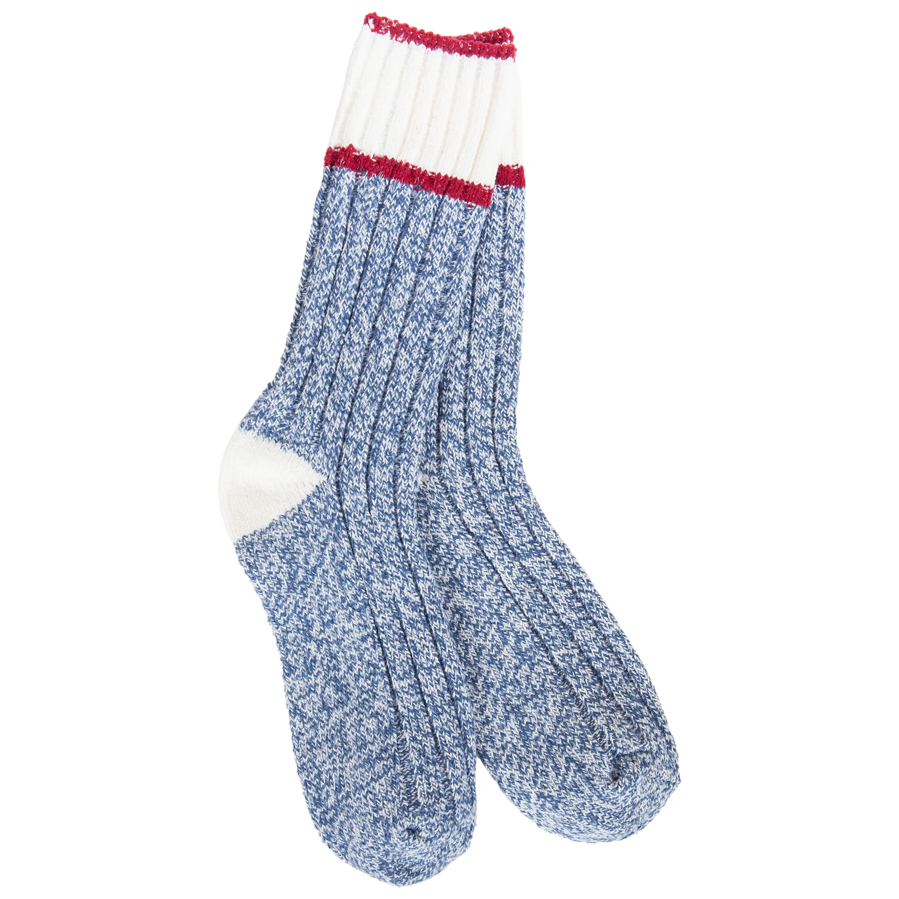 Women's Weekend Ragg Crew Socks in a blue marled knit with white cuff and red accent stripes, offering ultra-soft comfort and classic crew styling.