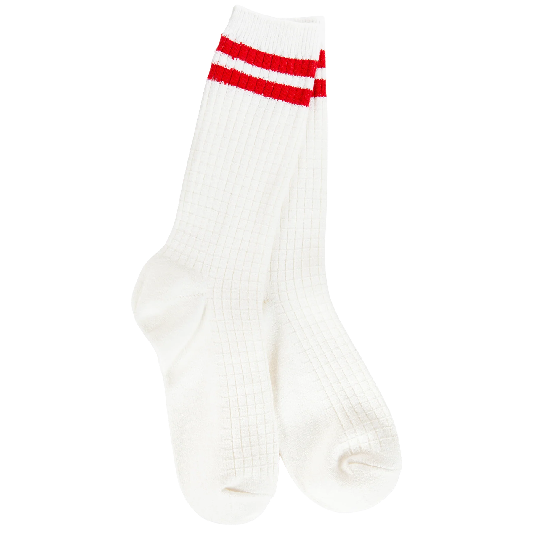 Women's ivory waffle-knit crew socks featuring two bold red athletic stripes and a soft textured design.