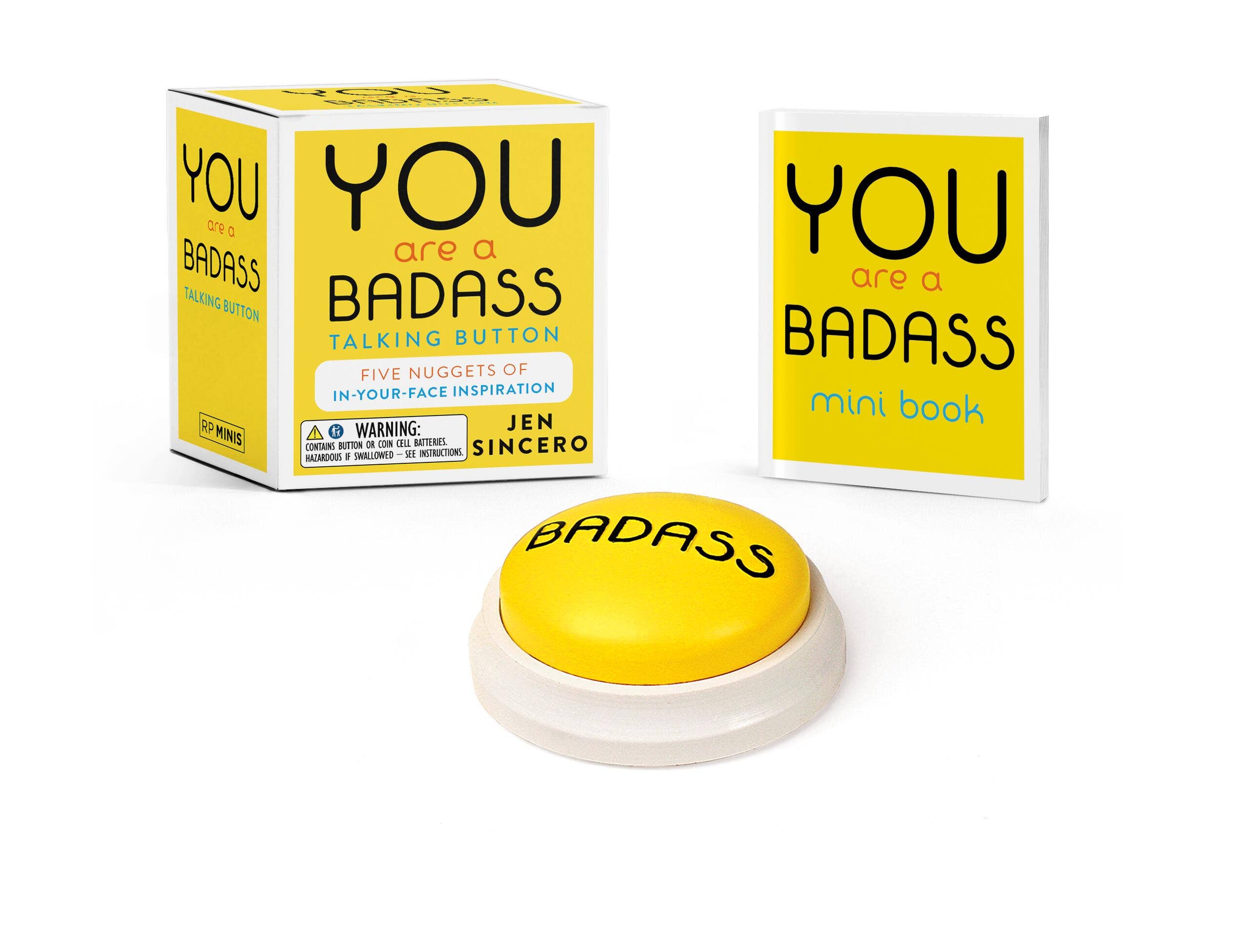 You Are a Badass talking button and mini motivational book gift set by Jen Sincero with inspirational affirmations