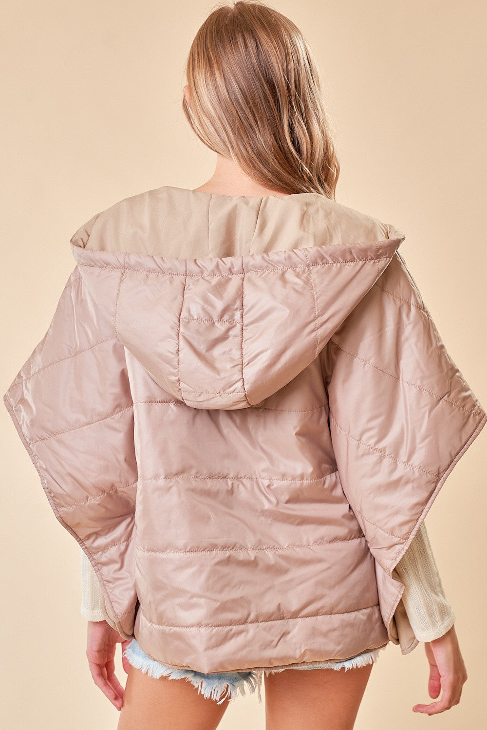 Zip-Up Puffer Cape With Hood