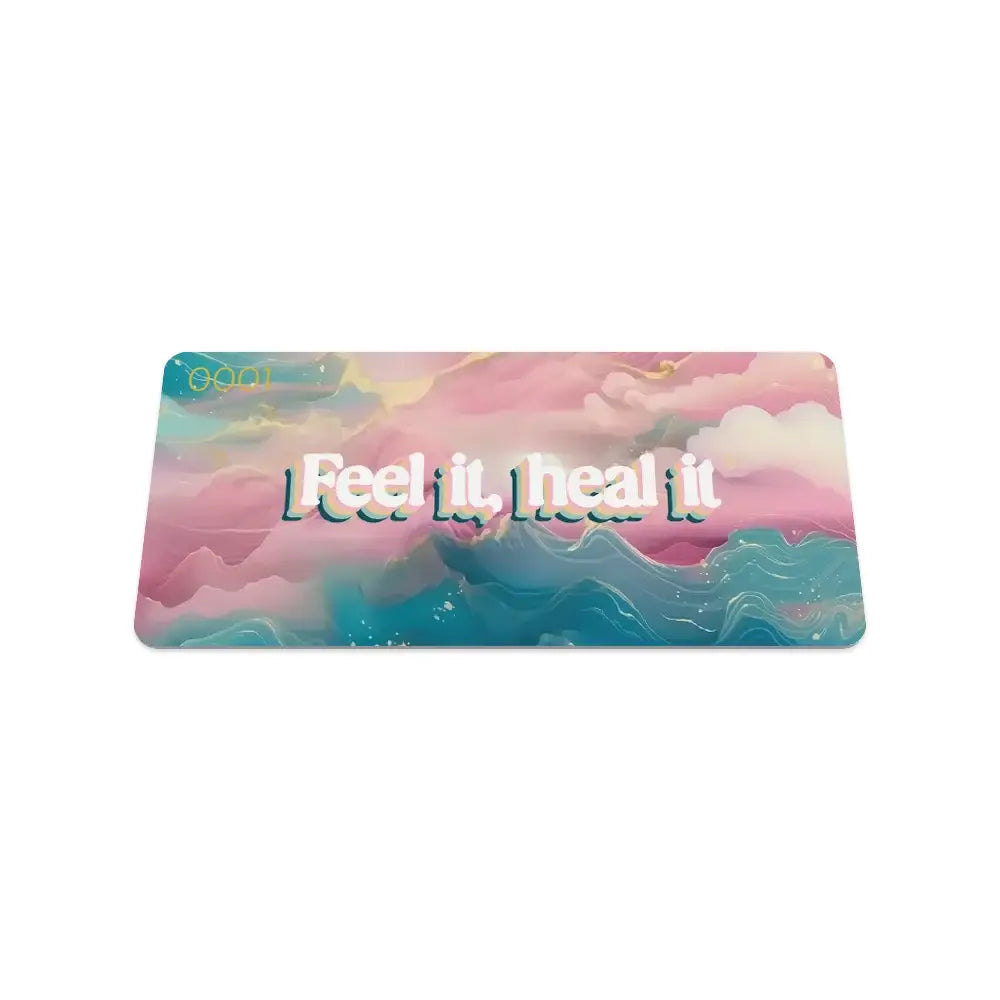 Colorful product with 'Feel it, heal it' text on a white background