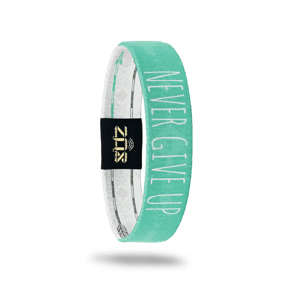 Turquoise wristband with 'Never Give Up' text on a white background