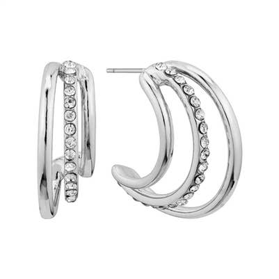 Silver Triple Layered 1" Rhinestone Hoop Earring