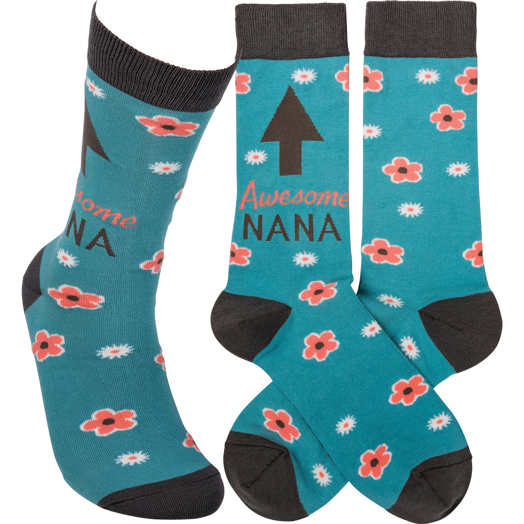 Colorful "Awesome Nana" socks by Primitives by Kathy with woven sentiment design — a fun gift for grandma