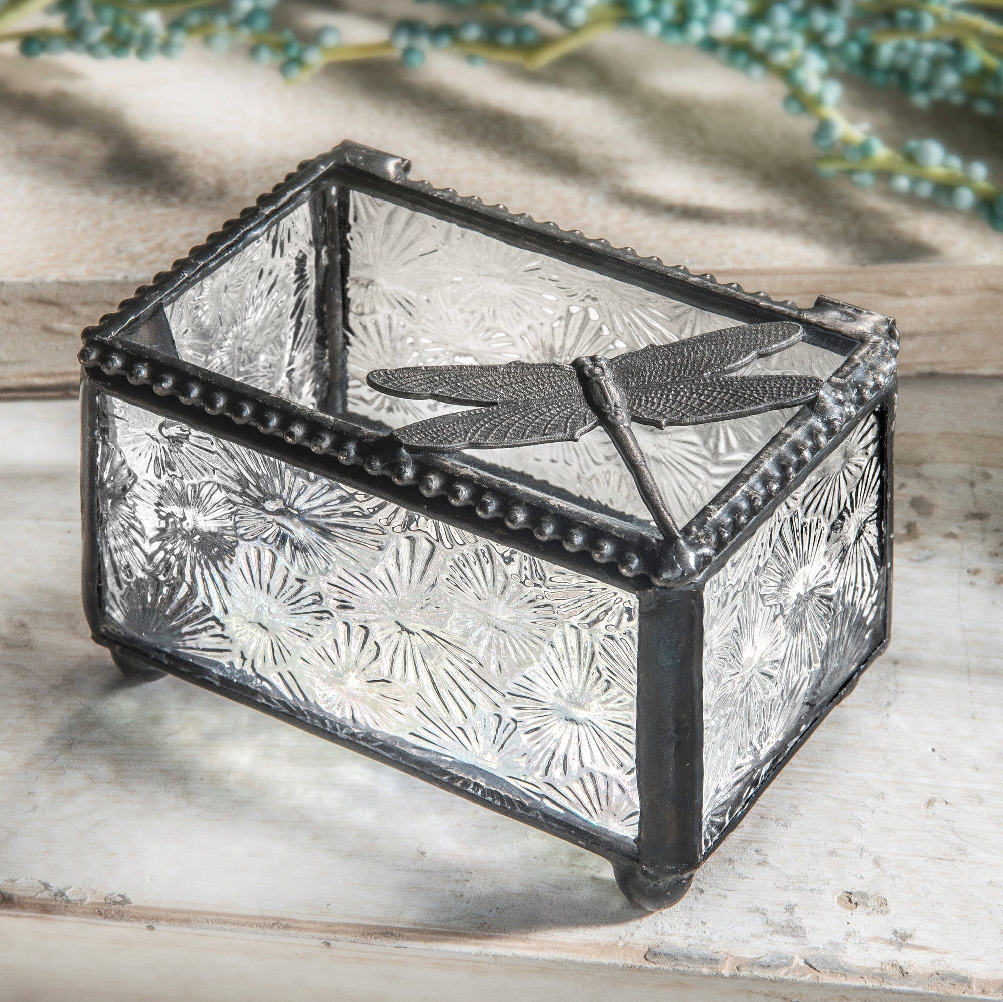 Clear Vintage Stained Glass Dragonfly Trinket Box