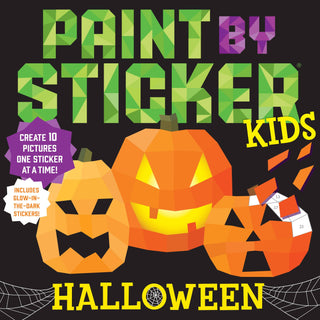 Cover of 'Paint by Sticker Kids Halloween' book with pumpkins and geometric text on a black background.