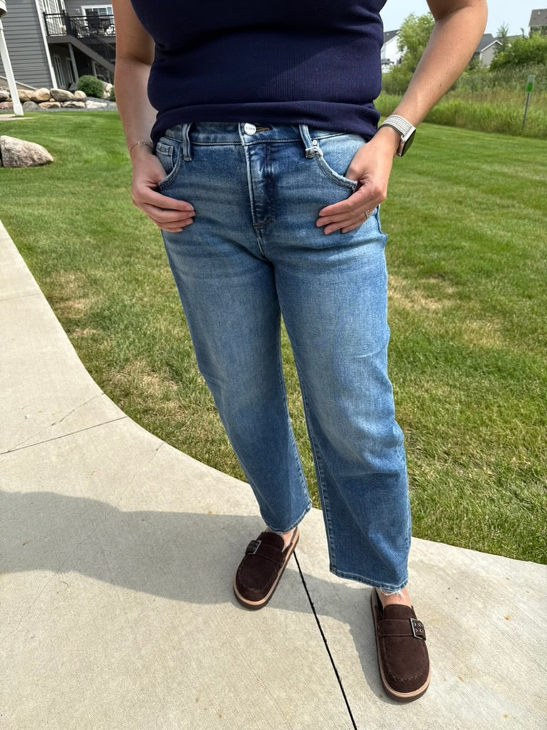 Risen High Rise Ankle Slim Barrel Jeans | Medium Wash