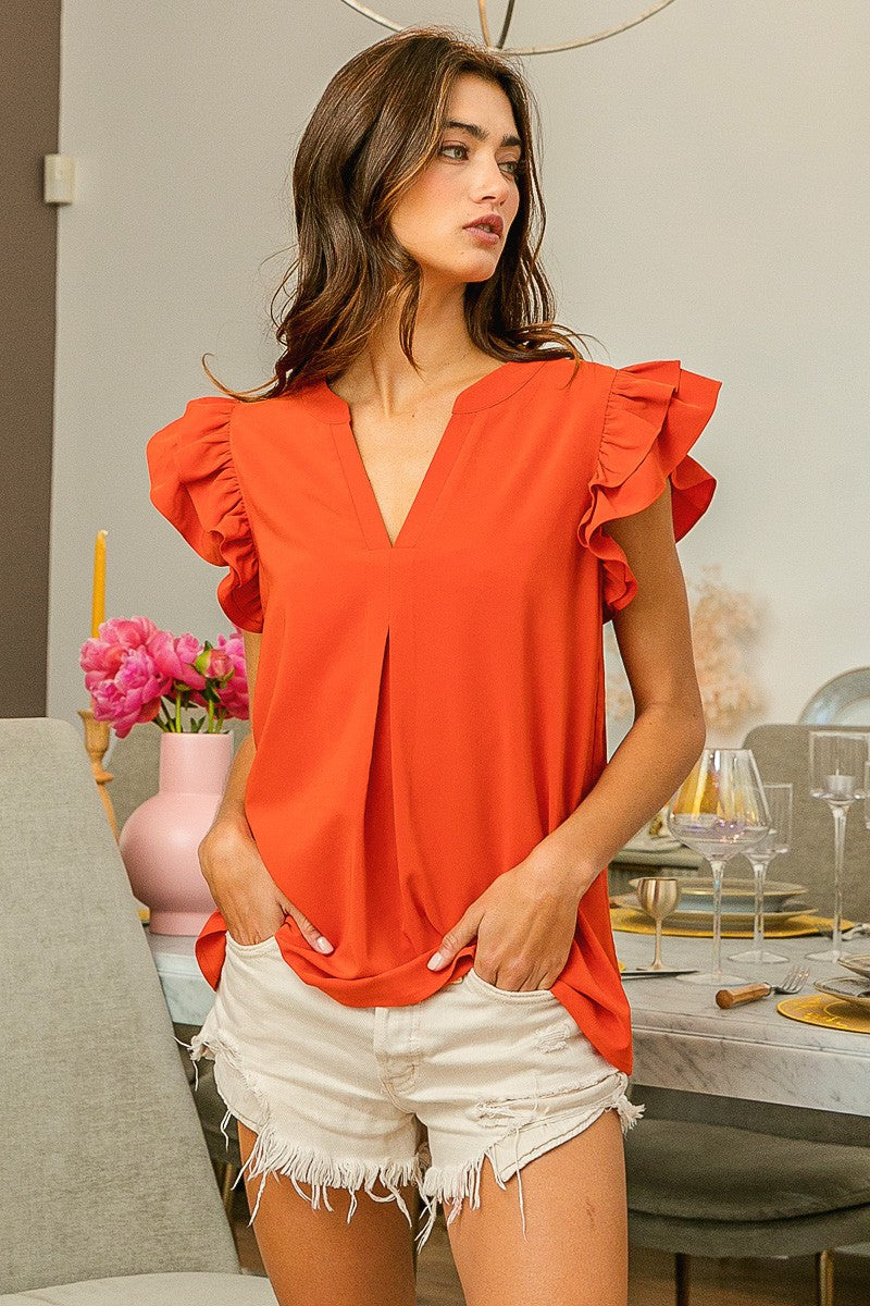 Flutter Sleeve Top w/ Inverted Pleat
