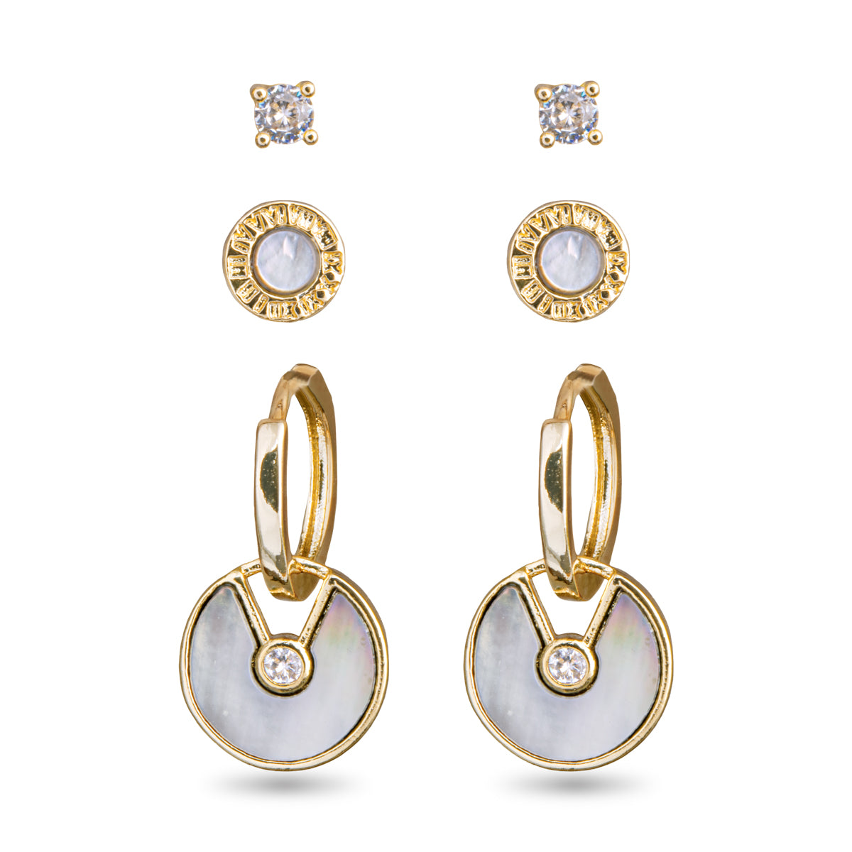 Mother of Pearl & CZ Trio Earring Set - Gold