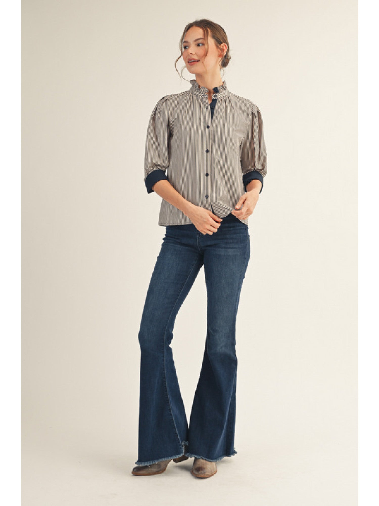 Ruffled Trim Stand Up Collar Striped Top FINAL SALE