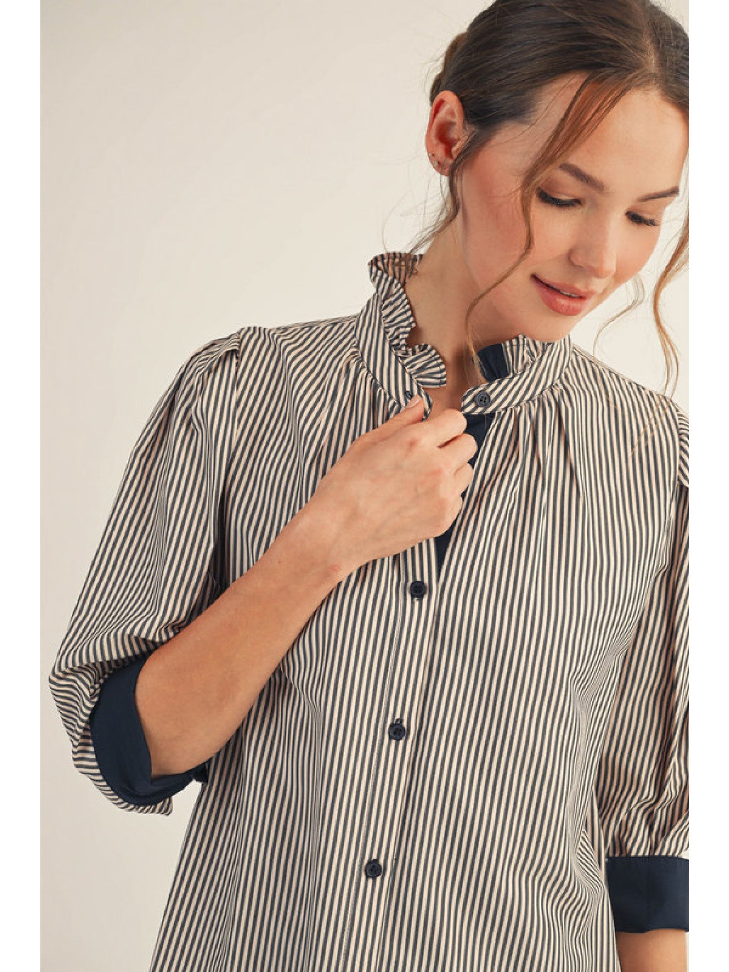 Ruffled Trim Stand Up Collar Striped Top FINAL SALE