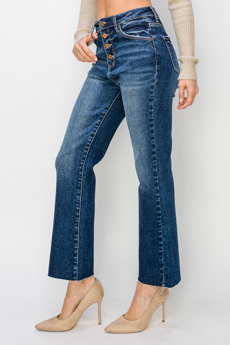 Risen High Rise Button Front Ankle Flare Jeans