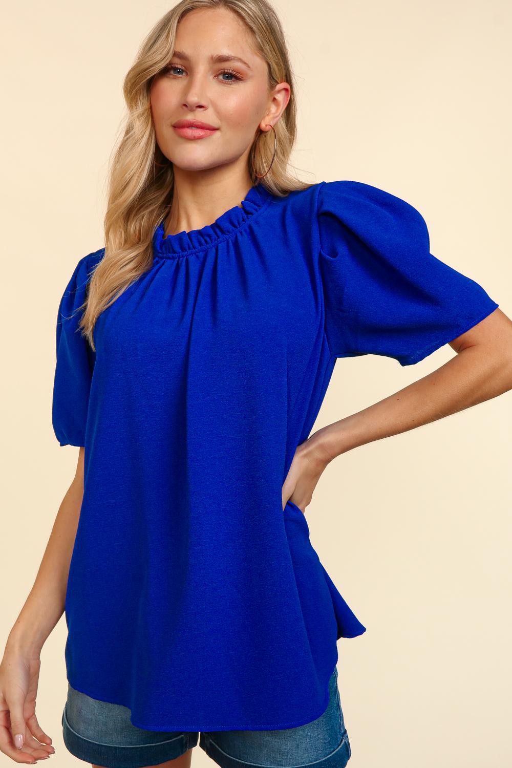 Frilled Mock Neck Puff Sleeve Top