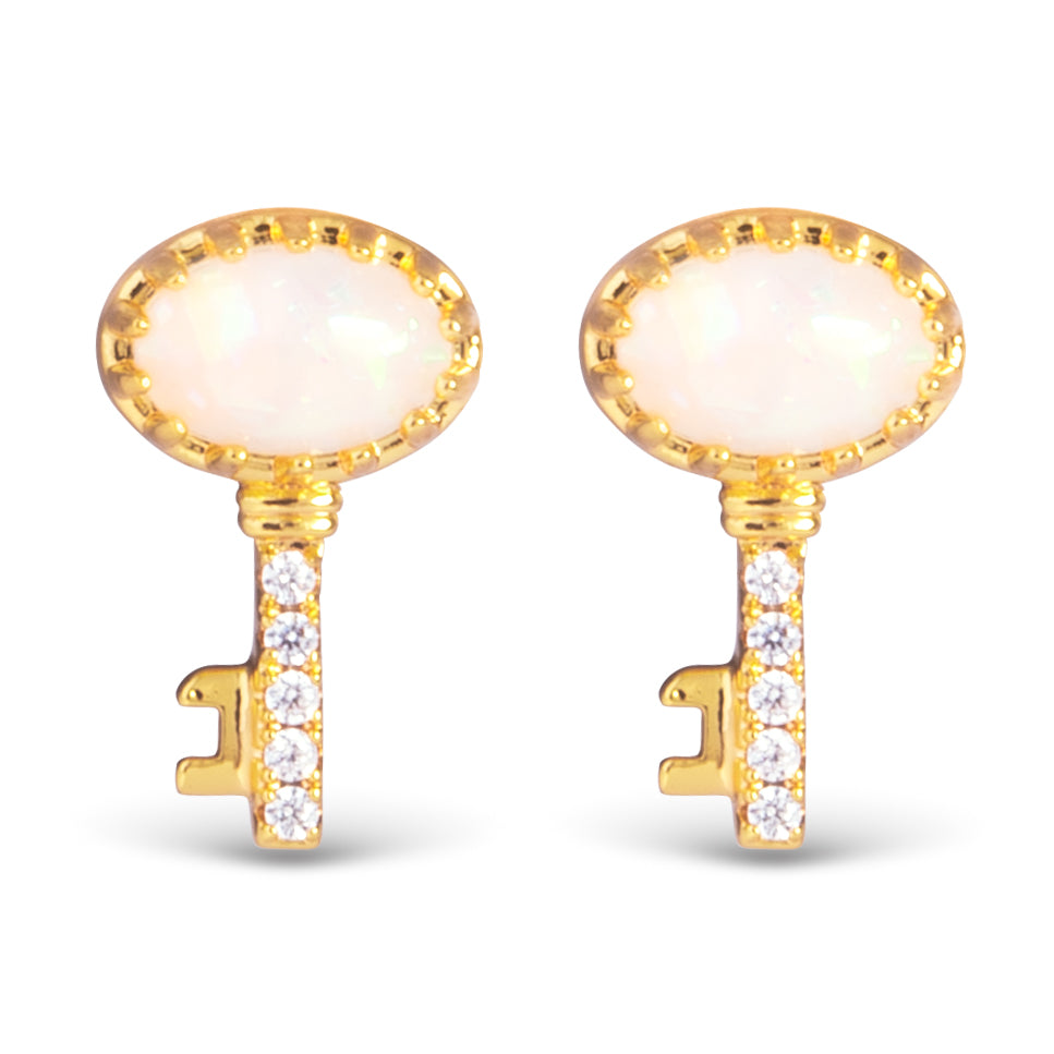 CZ Opal Key Stud Earrings - Gold