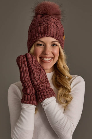 Dark Pink Cable Knit Pom Beanie