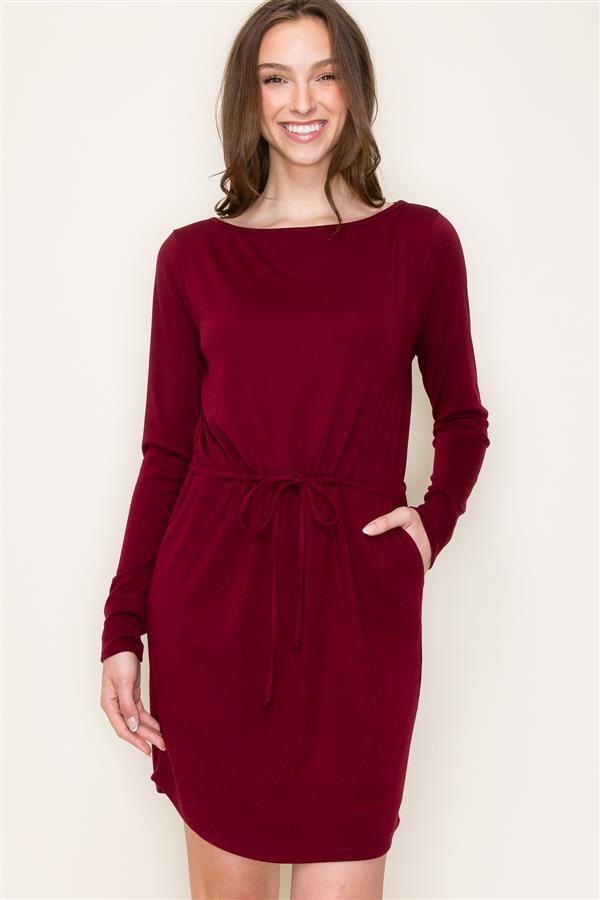 Solid Color Drawstring Waist Jersey Dress