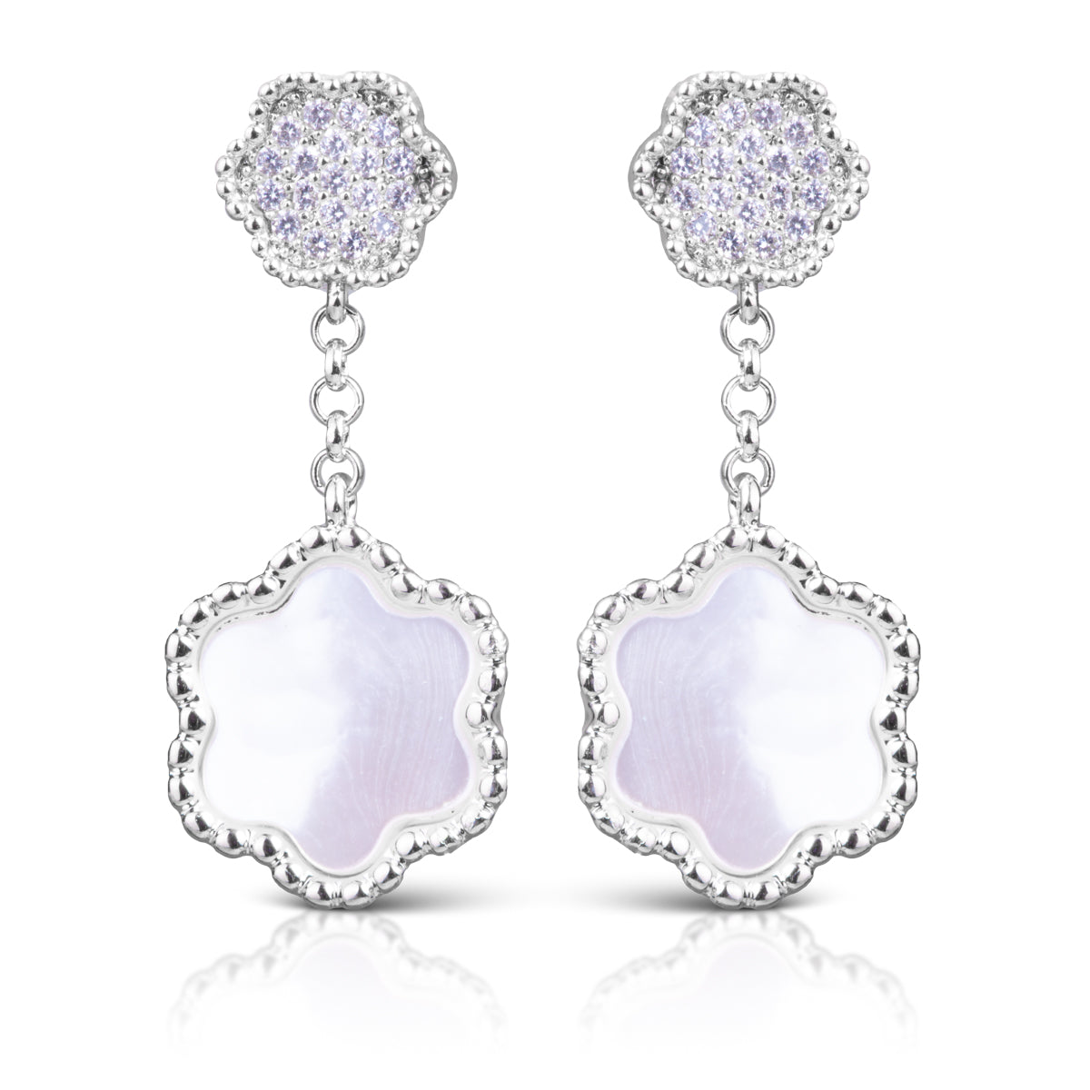 CZ & Mother of Pearl Clover Earrings - Silver