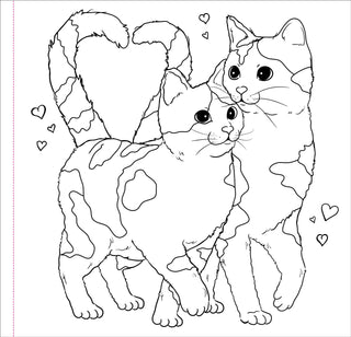 Coloring page with two cats with hearts around them.